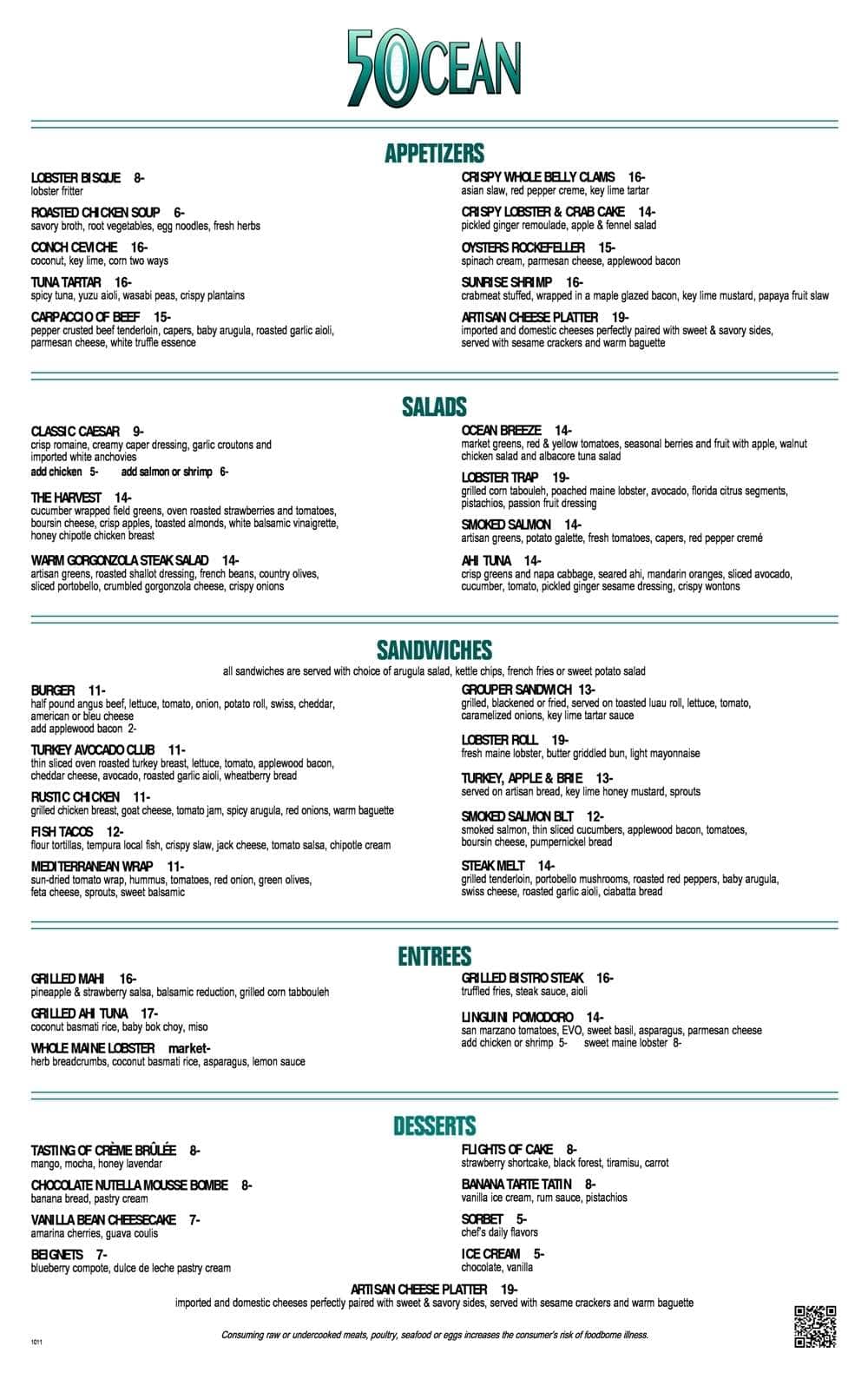 Menu at 50 Ocean pub & bar, Delray Beach, 50 S Ocean Blvd