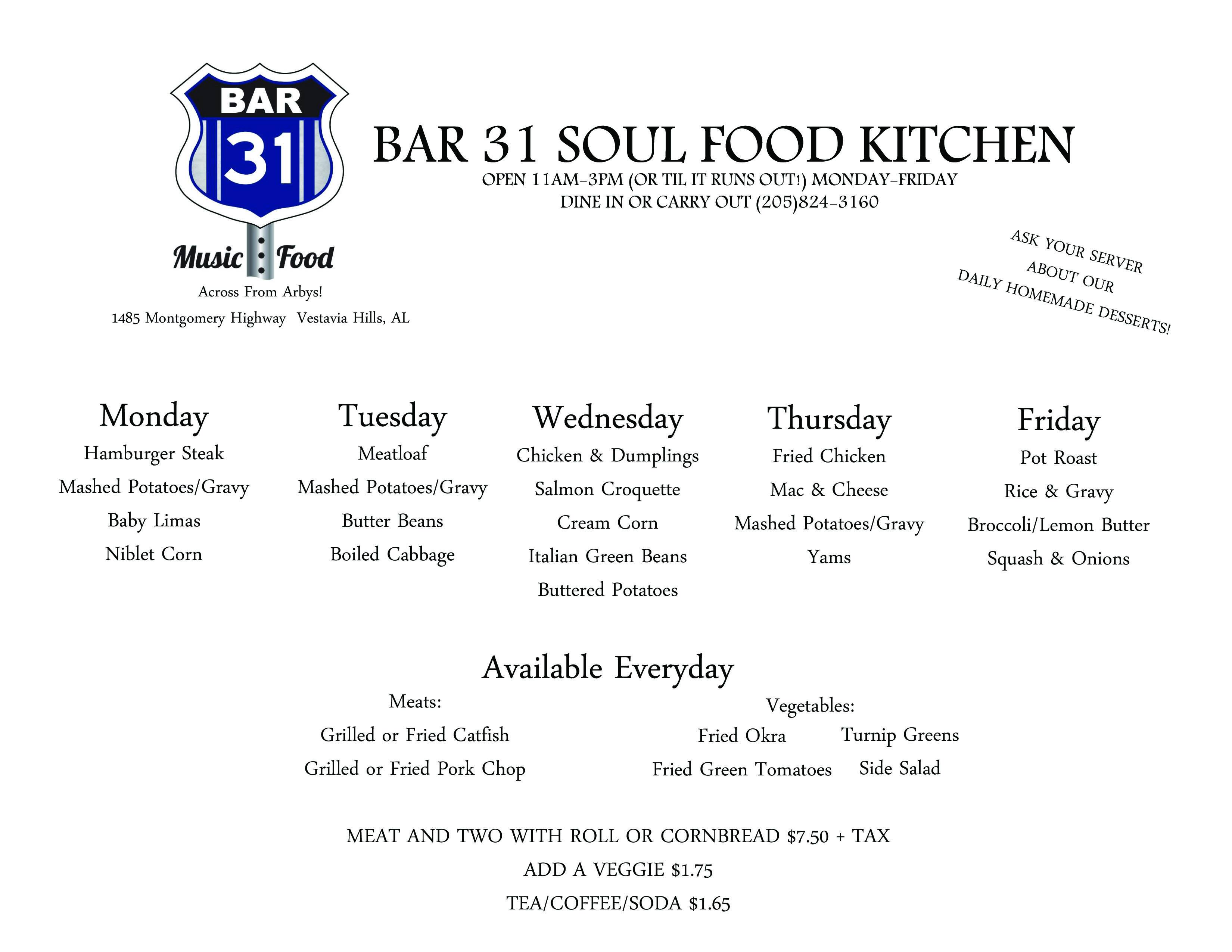 Bar 31 Menu, Menu for Bar 31, Vestavia/Cahaba Heights, Birmingham