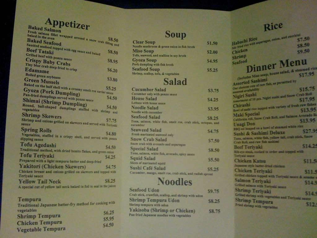 Menu at Sushi Cafe, Luling