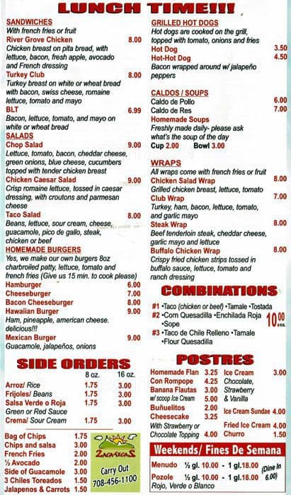 Menu at Zacatecas Restaurant, Franklin Park, Grand Ave