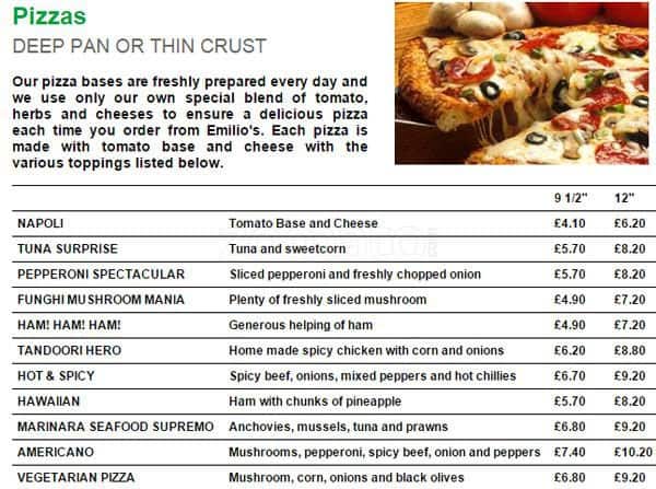 Menu for Emilios, Sale, Manchester