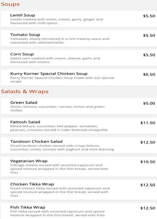 Kurry Korner Menu, Menu for Kurry Korner, Southern Islands, Singapore