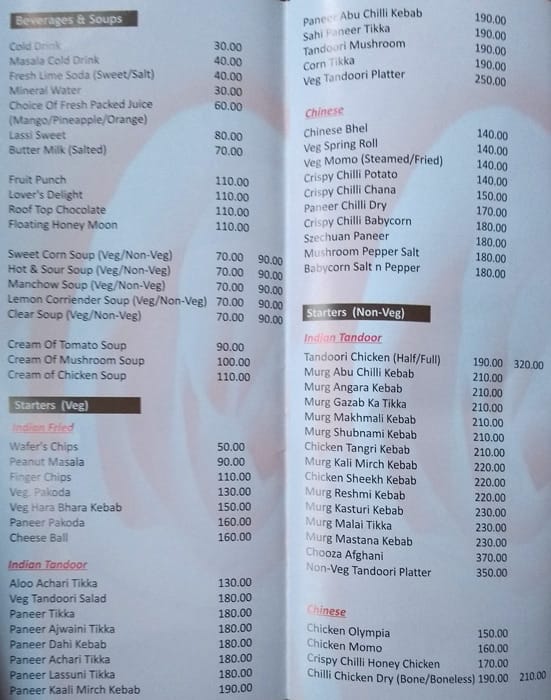 Menu of The White Rose, Sakchi, Jamshedpur