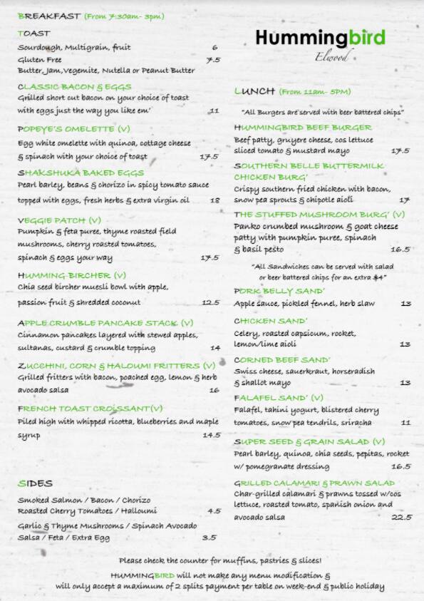 Hummingbird Menu, Menu for Hummingbird, Elwood, Melbourne Urbanspoon