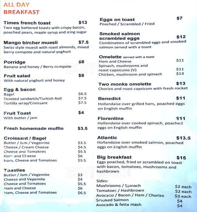 Times Cafe Menu, Menu for Times Cafe, Albert Park, Melbourne