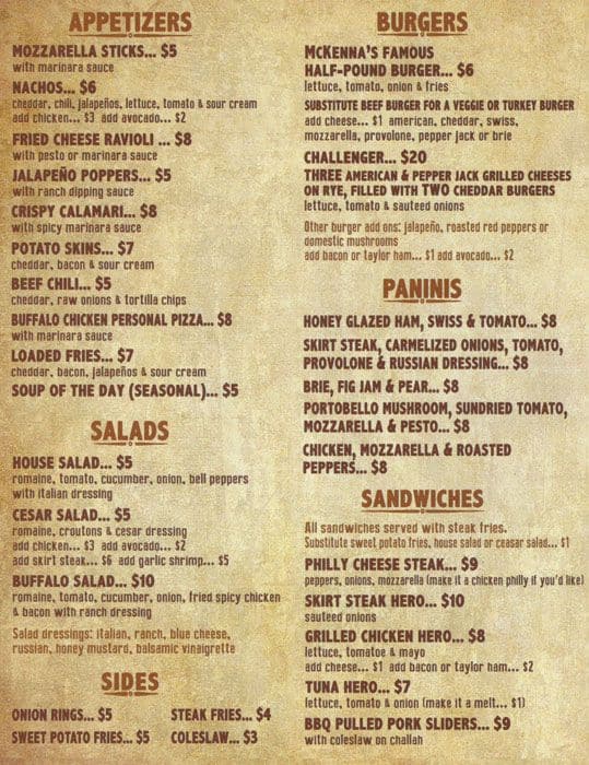 McKenna's Pub Menu, Menu for McKenna's Pub, Greenwich Village, New York ...