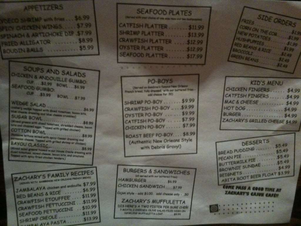 Zachary's Cajun Cafe menu Urbanspoon/Zomato