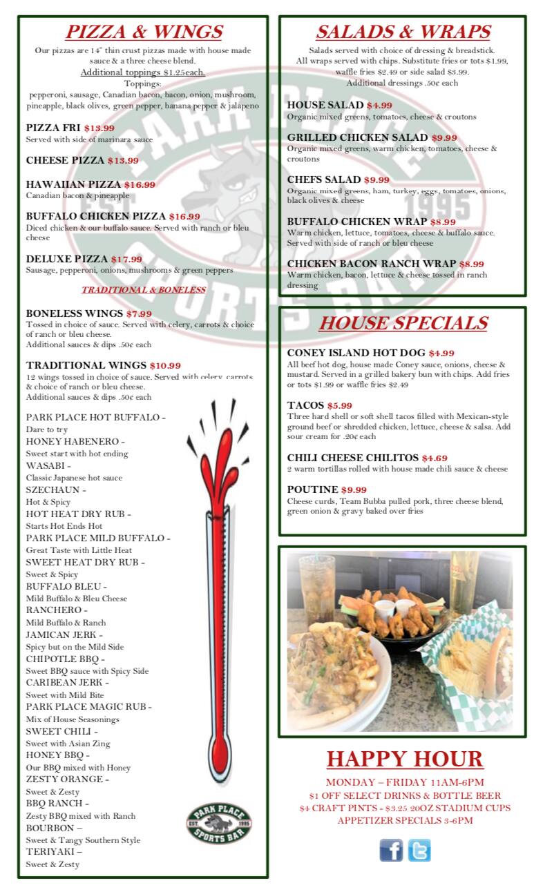 Park Place Sports Bar Menu Menu For Park Place Sports Bar