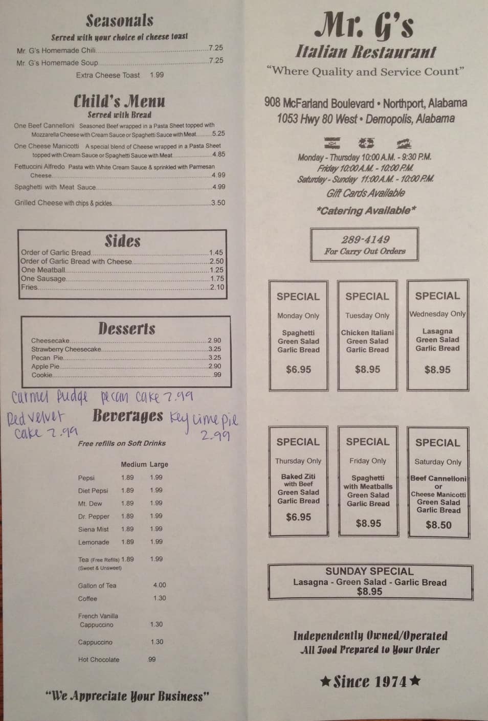 Menu at Mr Gs Pizza pizzeria, Demopolis