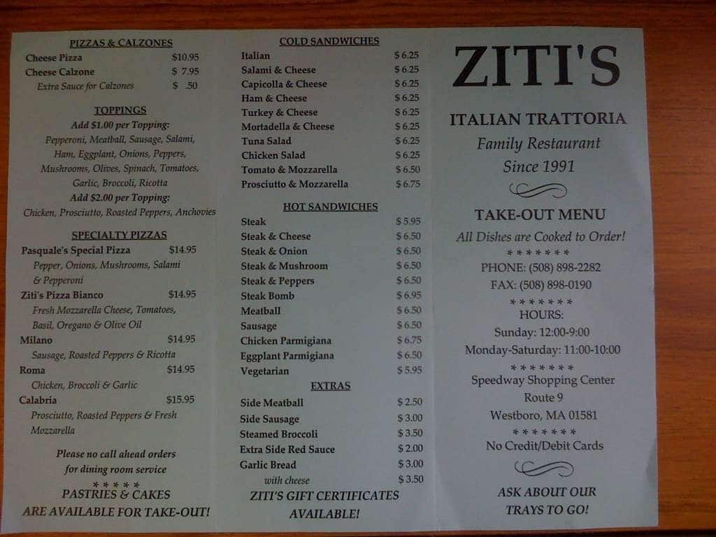 Menu at Ziti's pizzeria, Westborough