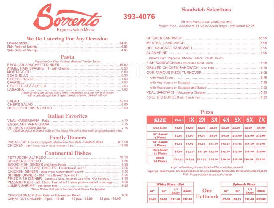 Sorrento Restaurant & Banquet Room Menu Urbanspoon/Zomato
