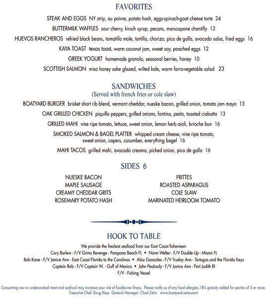Menu at Boatyard restaurant, Fort Lauderdale, SE 17th St