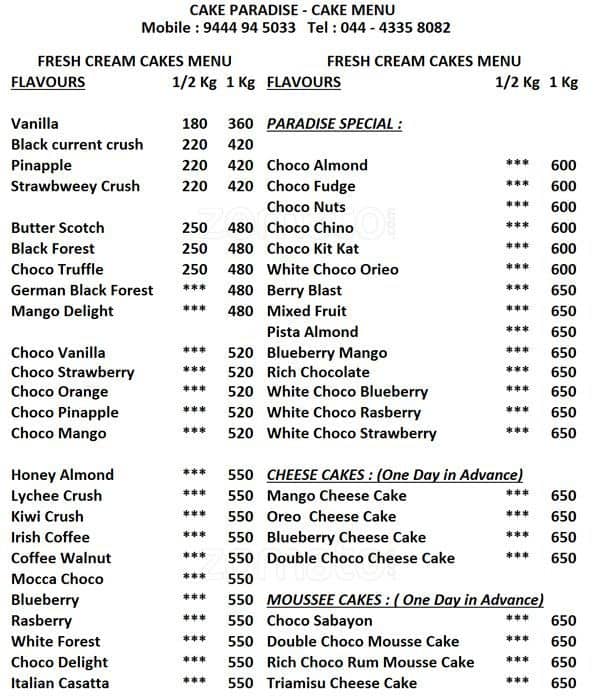 Cake Paradise Menu, Menu for Cake Paradise, Ramapuram, Chennai Zomato