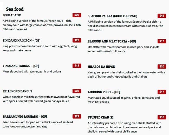 Menu at La Mesa restaurant, Haymarket