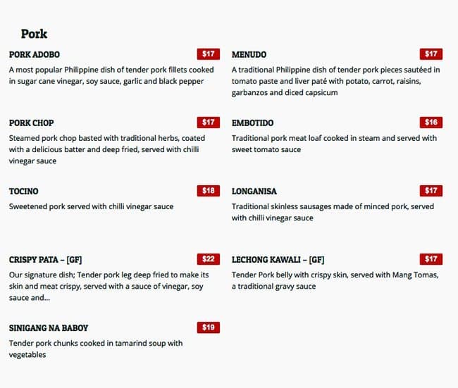 Menu at La Mesa restaurant, Haymarket