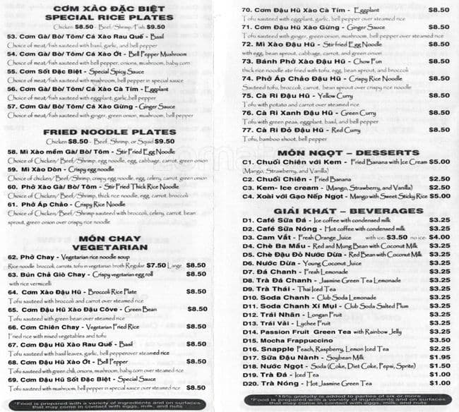 Menu at Pho Khang restaurant, Santa Clara, Tasman Dr