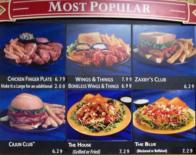 Menu at Zaxby's fast food, Gastonia, E Franklin Blvd