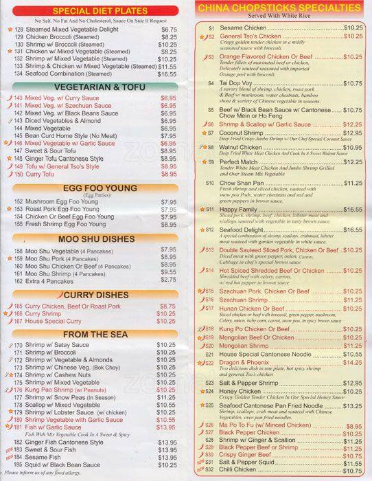 china chopsticks menu