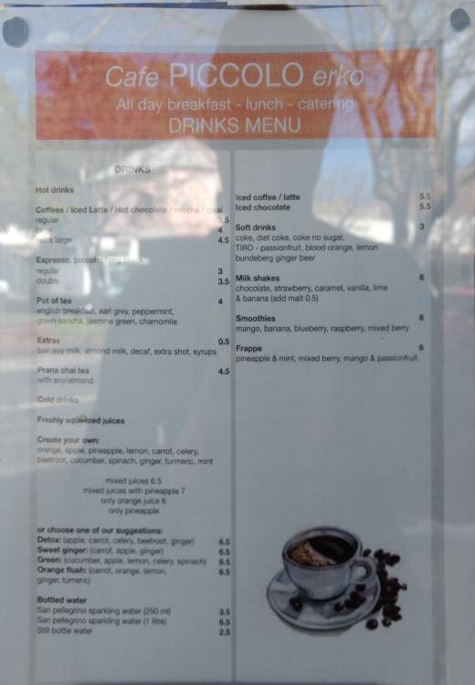 Carta de Cafe Piccolo Erko, Erskineville, 106 Erskineville Rd
