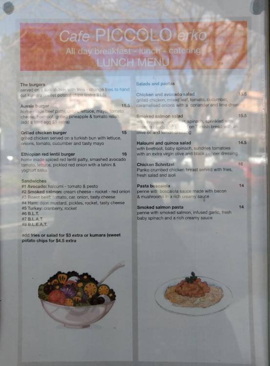 Carta de Cafe Piccolo Erko, Erskineville, 106 Erskineville Rd