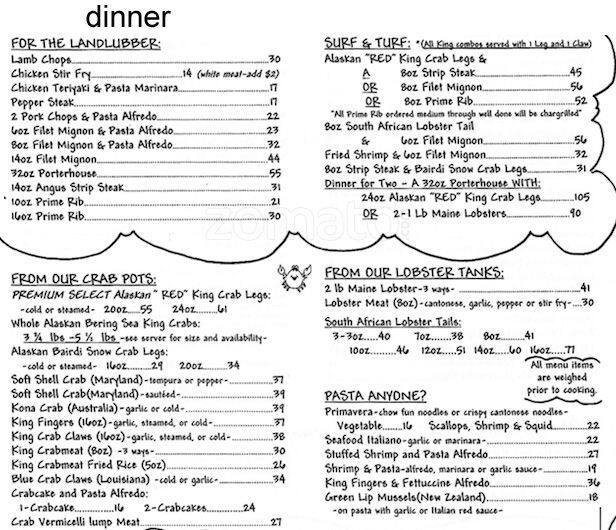 Menu at Bob Chinn's Crab House restaurant, Wheeling