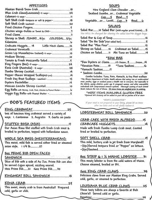 Menu at Bob Chinn's Crab House restaurant, Wheeling