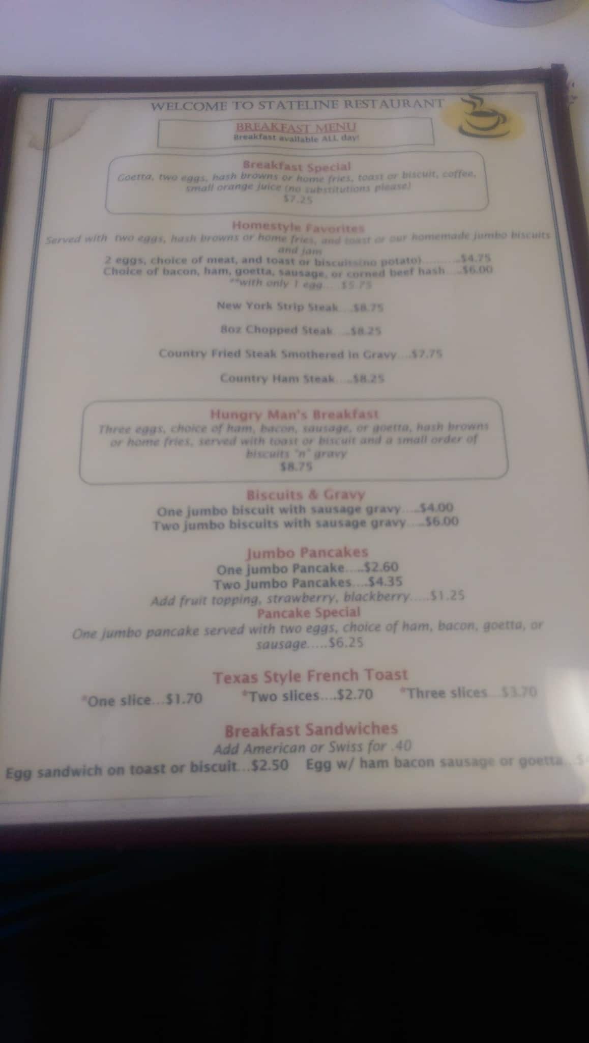 Menu at Stateline Restaurant, Greendale