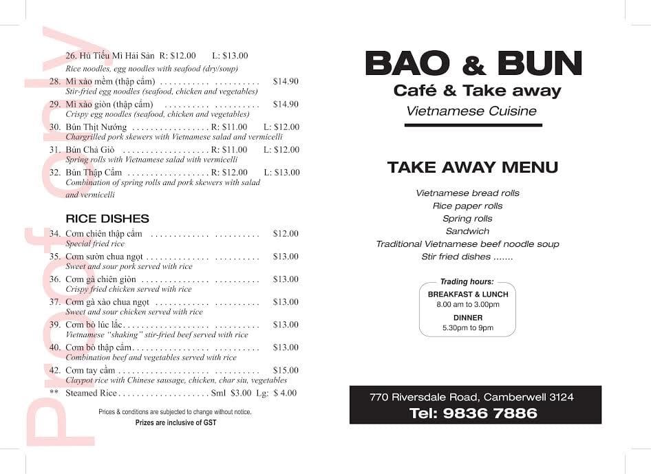 Menu at Bao & Bun Cafe & Takeaway, 770 Riversdale Rd Restaurant prices