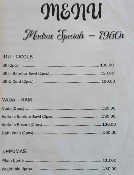 Madras Coffee House menu