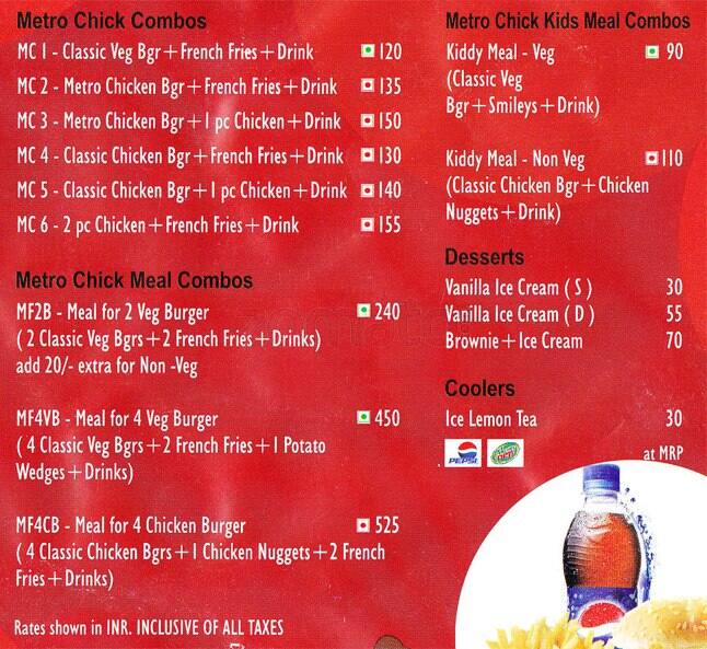 Menu at Metro Chick, Bengaluru, 162
