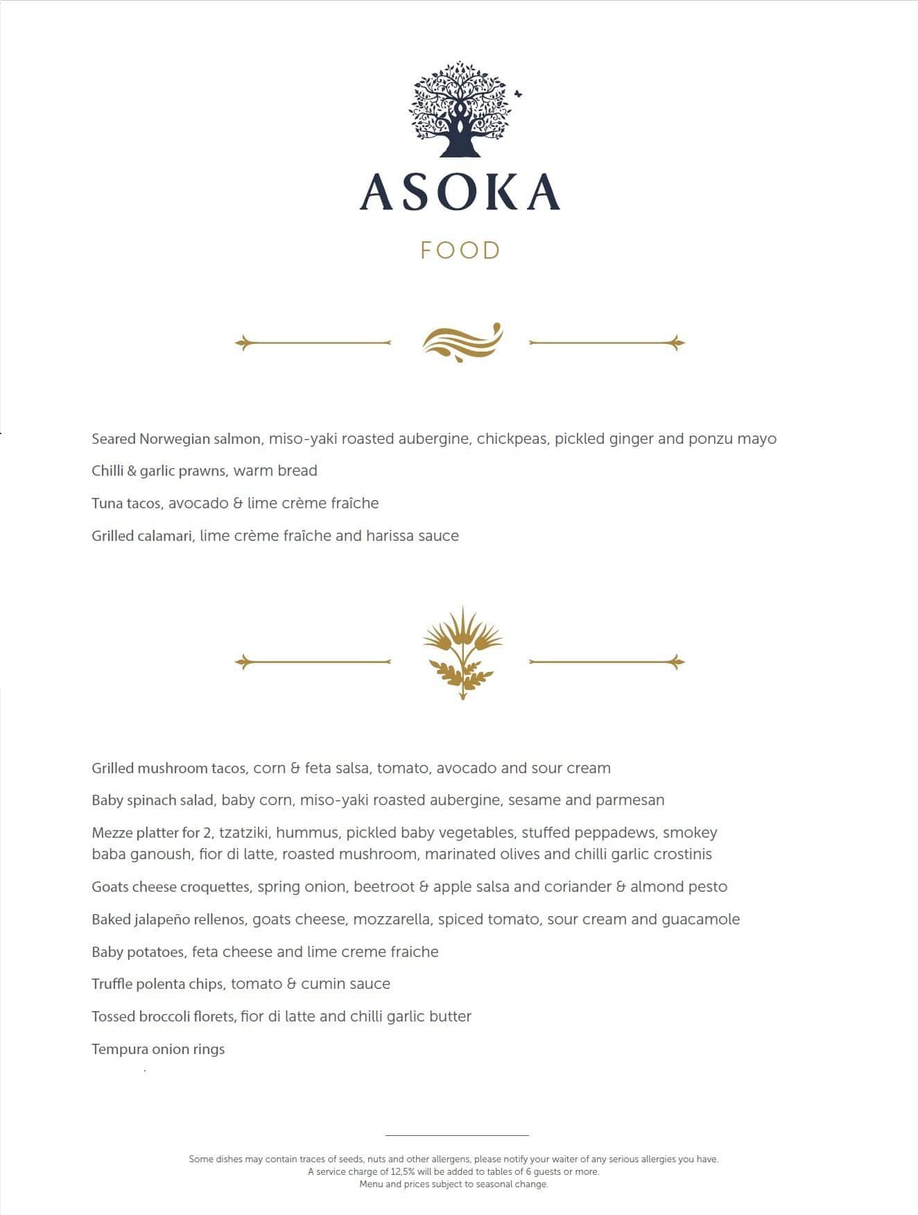 Menu at Asoka Restaurant, Bar and Lounge, Cape Town