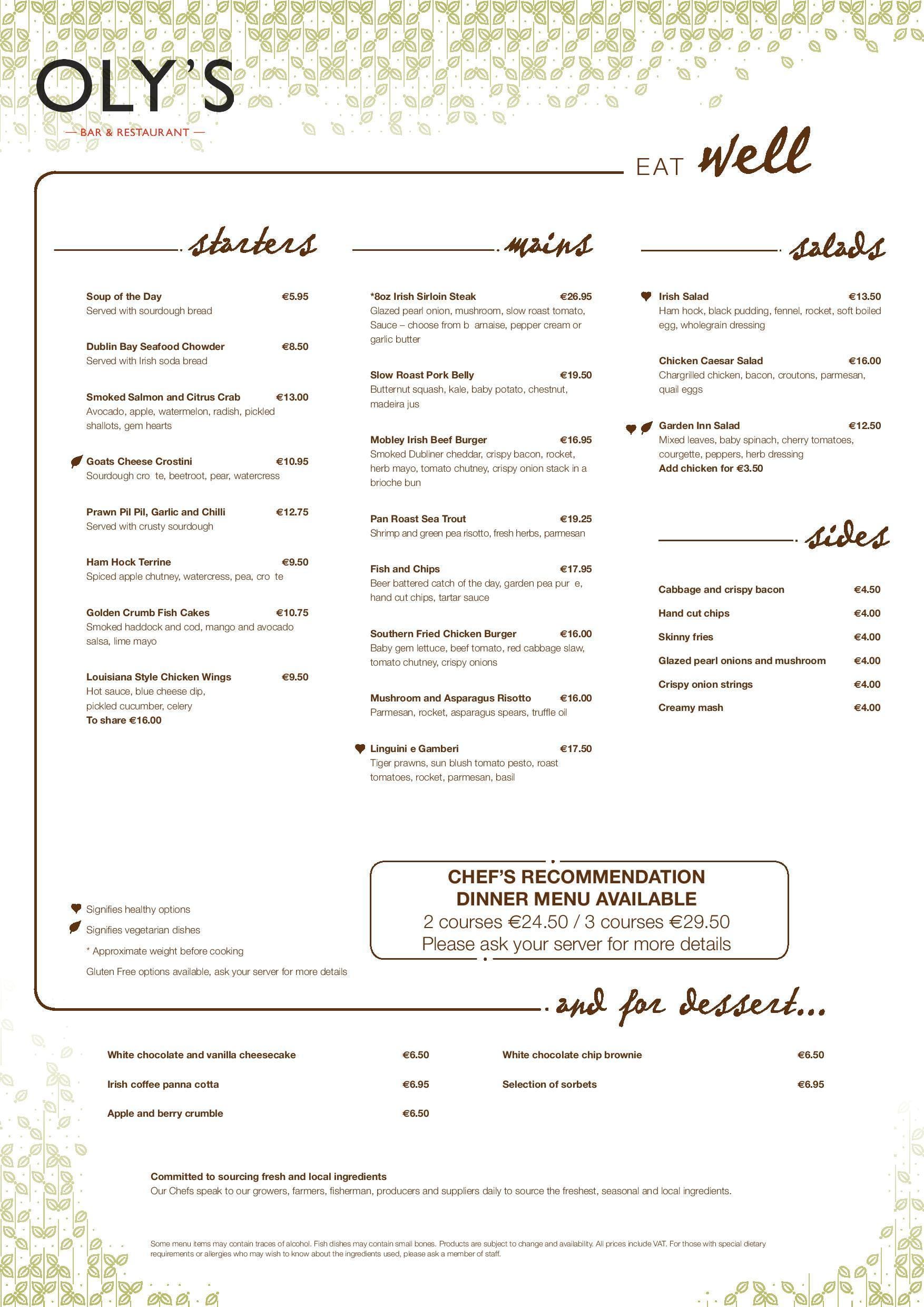 Oly S Bar Restaurant Hilton Garden Inn Dublin Custom House Menu