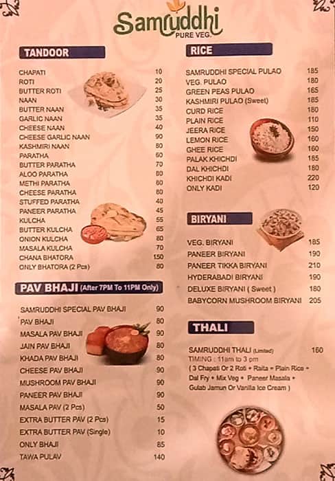 Hotel Samruddhi Pure Veg menu