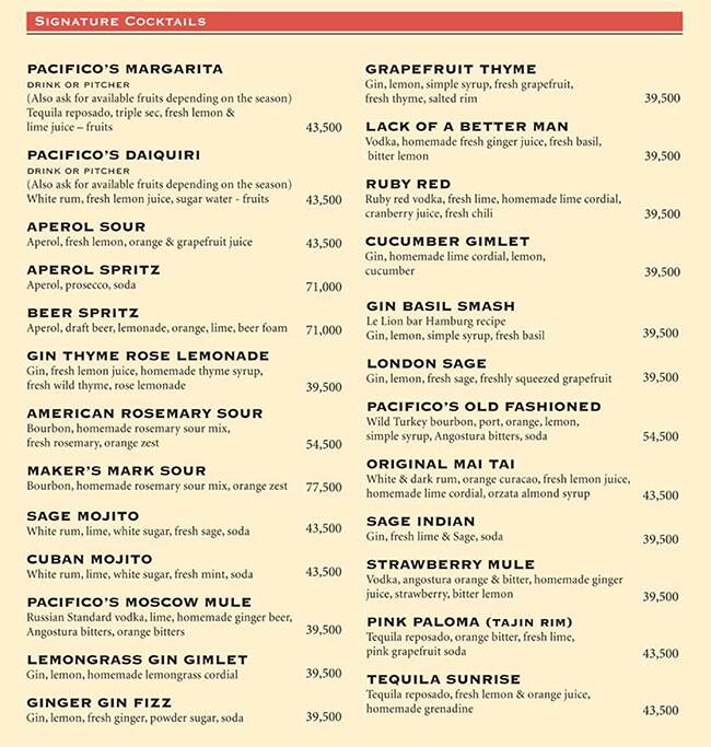 Pacifico menu