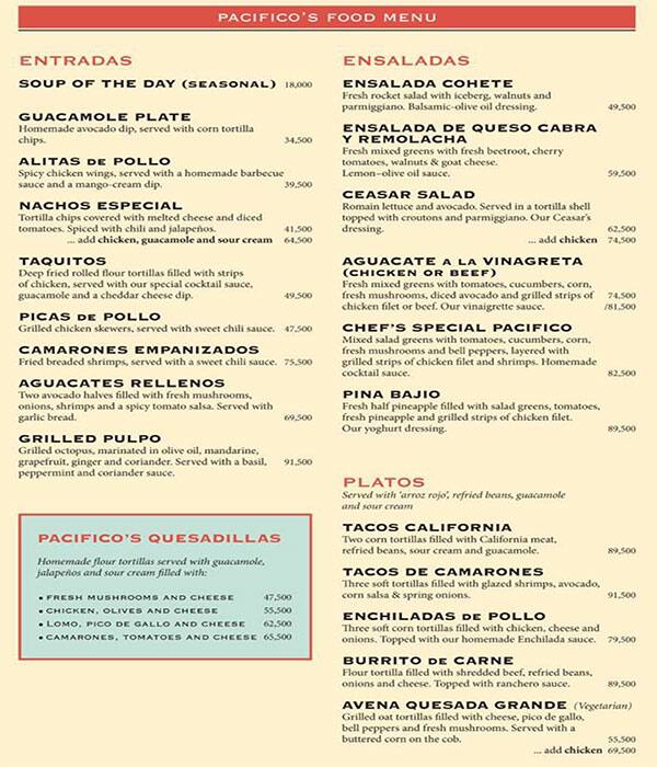 Pacifico menu