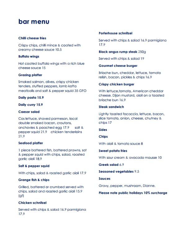 Grange Hotel menu, Menu restauracji Grange Hotel, Grange, Adelaide