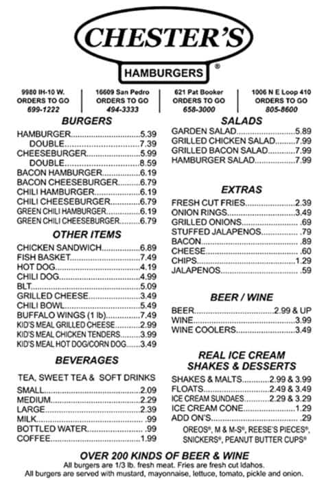 Chester's Hamburger Co. Menu, Menu for Chester's Hamburger Co., Medical ...