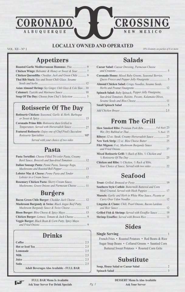 Coronado Crossing Menu, Menu for Coronado Crossing, Midtown