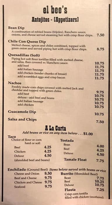 Menu at El Bee's restaurant, Waterloo, N 240th St