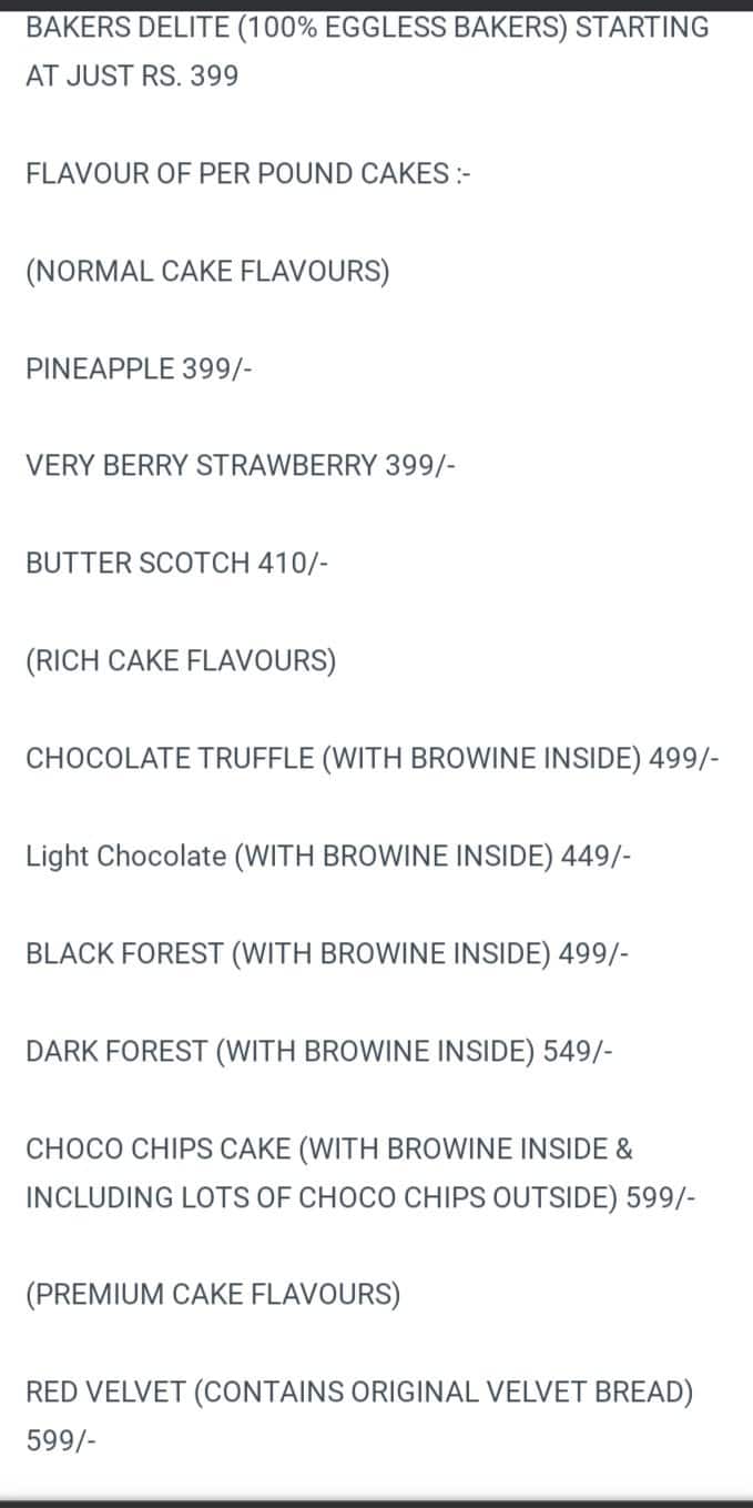 Bakers Delite menu