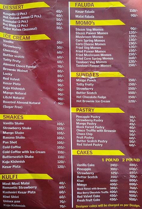 Mr. Prabhu - Bakery, Sweets and Restaurant menu