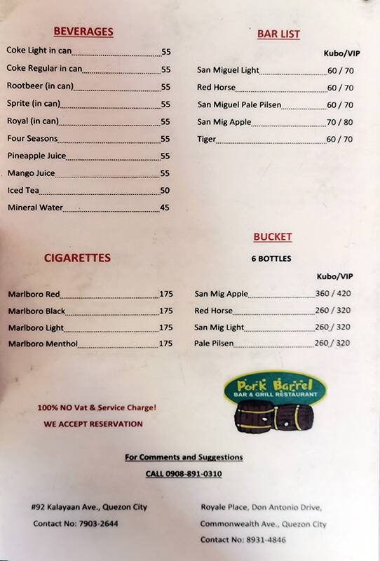 Menu at Pork Barrel, Quezon City, 92 Kalayaan Ave