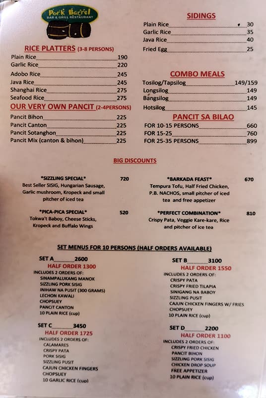 Menu at Pork Barrel, Quezon City, 92 Kalayaan Ave
