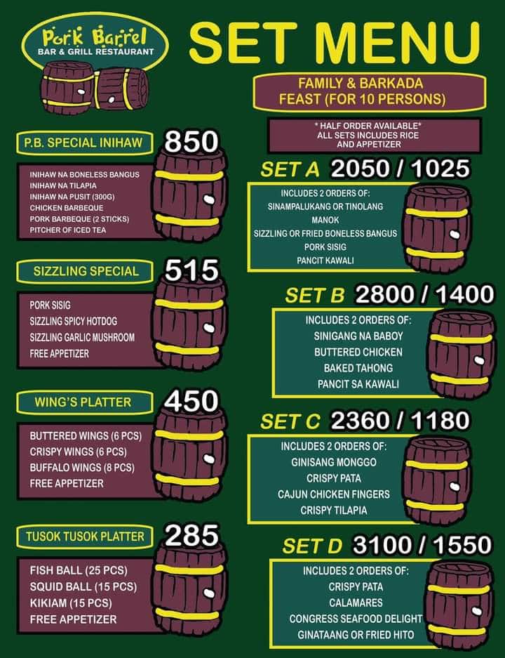 Menu at Pork Barrel, Quezon City, 92 Kalayaan Ave