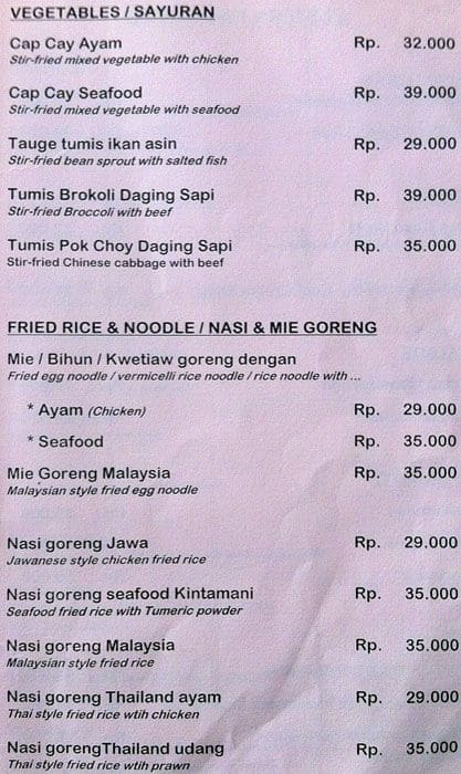 Menu at Kintamani restaurant, Bogor, Jl.Raya Pajajaran no.75