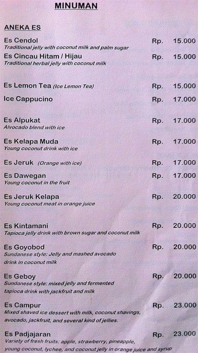 Menu at Kintamani restaurant, Bogor, Jl.Raya Pajajaran no.75