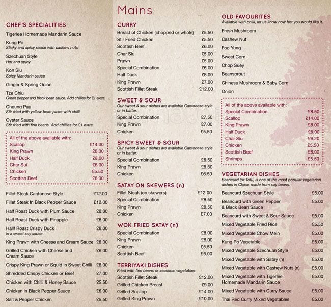Menu at Tiger Lee restaurant, Glasgow