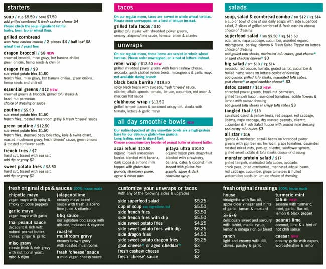 Menu at Fresh cafe, Toronto, 55 Avenue Rd