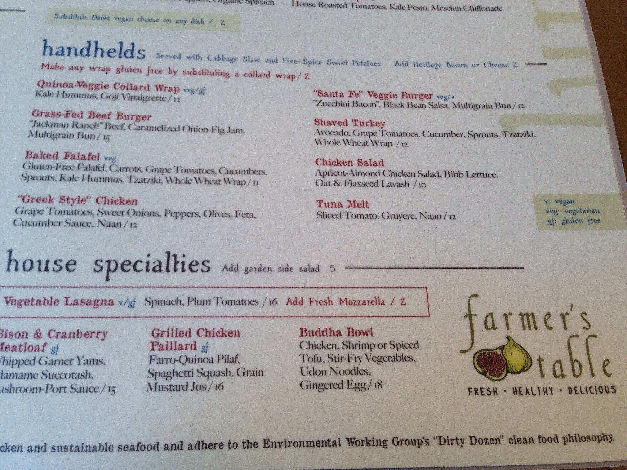 Menu at Farmer's Table restaurant, Boca Raton