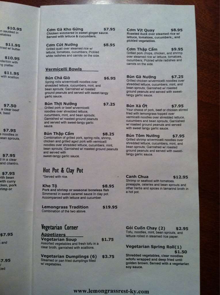 Menu at Lemongrass Restaurant, Louisville